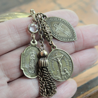 Antique French Engraved Ex Voto Heart Bracelet with Rare Antique French Medals,Bezel Set Faceted Crystal Connector,Antique Chain Tassel
