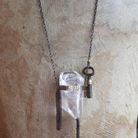 The Key Necklace with Unique Clear Quartz Pendant and Antique Padlock Key