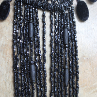 Antique French Jet Bead Necklace Set with Antique French Velvet Bobble Trim,Beaded Applique and Faceted Jet Bead Chain and Tassel