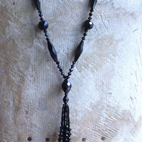 Antique French Jet Bead Necklace Set with Antique French Velvet Bobble Trim,Beaded Applique and Faceted Jet Bead Chain and Tassel