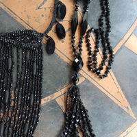 Antique French Jet Bead Necklace Set with Antique French Velvet Bobble Trim,Beaded Applique and Faceted Jet Bead Chain and Tassel