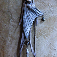 Divine Bird Necklace with Cast Bird Wing, Unique Chain and Leather Ties, Faceted Smoky Quartz, Vintage Chain Tassel
