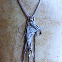 Divine Bird Necklace with Cast Bird Wing, Unique Chain and Leather Ties, Faceted Smoky Quartz, Vintage Chain Tassel