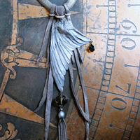 Divine Bird Necklace with Cast Bird Wing, Unique Chain and Leather Ties, Faceted Smoky Quartz, Vintage Chain Tassel