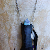 NEW! The Clearing Necklace with Double Terminated Fluorite Wand,Butter Soft Black Leather Pouch,Amethyst Bead and Back Raven Feather