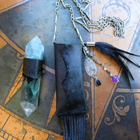 NEW! The Clearing Necklace with Double Terminated Fluorite Wand,Butter Soft Black Leather Pouch,Amethyst Bead and Back Raven Feather