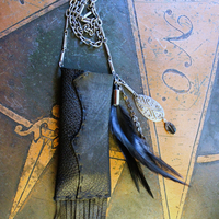 NEW! The Clearing Necklace with Double Terminated Fluorite Wand,Butter Soft Black Leather Pouch,Amethyst Bead and Back Raven Feather