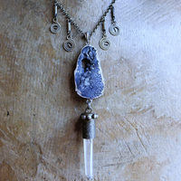 NEW! Cosmic Glory Necklace with Unique Black Druzy Slice & Clear Rock Quartz Point Pendants, Vintage Spiral Dangles, Rolo Link Chain