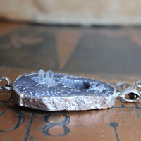NEW! Cosmic Glory Necklace with Unique Black Druzy Slice & Clear Rock Quartz Point Pendants, Vintage Spiral Dangles, Rolo Link Chain