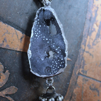 NEW! Cosmic Glory Necklace with Unique Black Druzy Slice & Clear Rock Quartz Point Pendants, Vintage Spiral Dangles, Rolo Link Chain