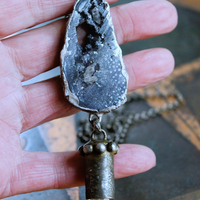 NEW! Cosmic Glory Necklace with Unique Black Druzy Slice & Clear Rock Quartz Point Pendants, Vintage Spiral Dangles, Rolo Link Chain