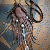 Where Light enters You Necklace w/Butter Soft Braided Brown Suede Leather Pouch, Antique Sterling Old Pawn Beads,Highly Detailed Sword Medal,Faceted Rock Quartz Nugget & Tiny IHS Cross