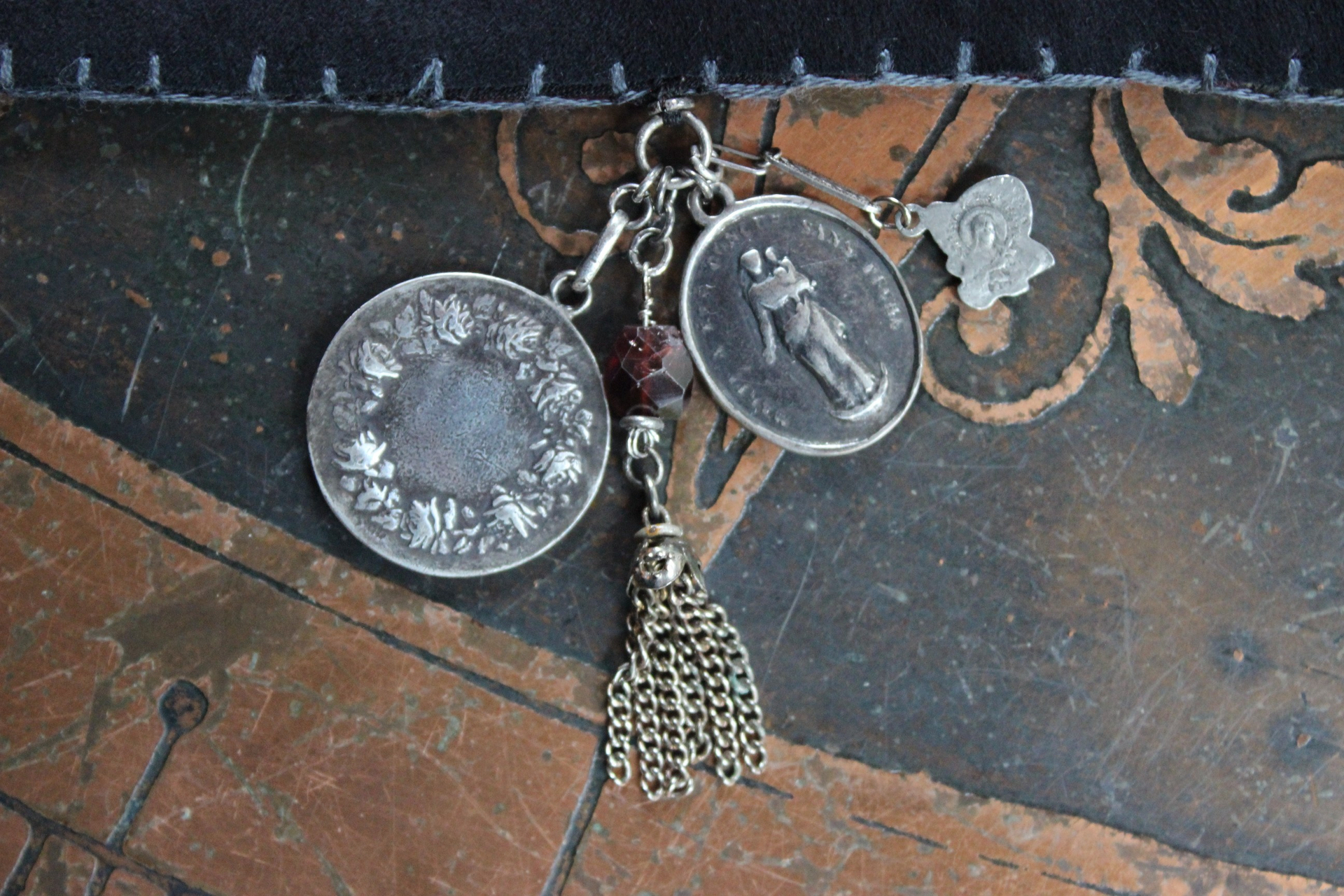 Allow Your Soul Cuff Bracelet with Antique Embroidered Textile, Antique French Medals,Faceted Almandine Garnet & Religious Rose