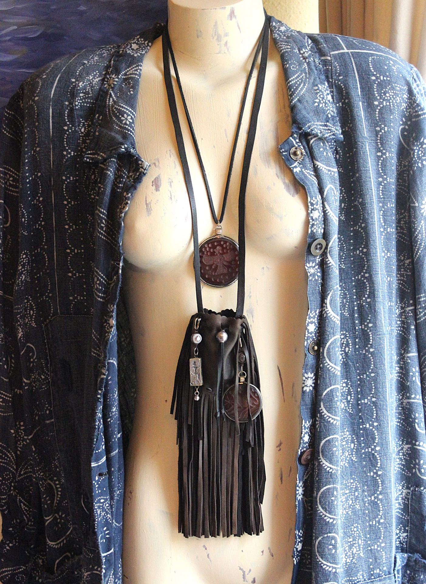 Ancient Zoroastrian Pendants and Stamping Bead Amulets Necklace Set with Antique Agate Connectors,Sterling Bead,Leather Fringe Pouch & Ties