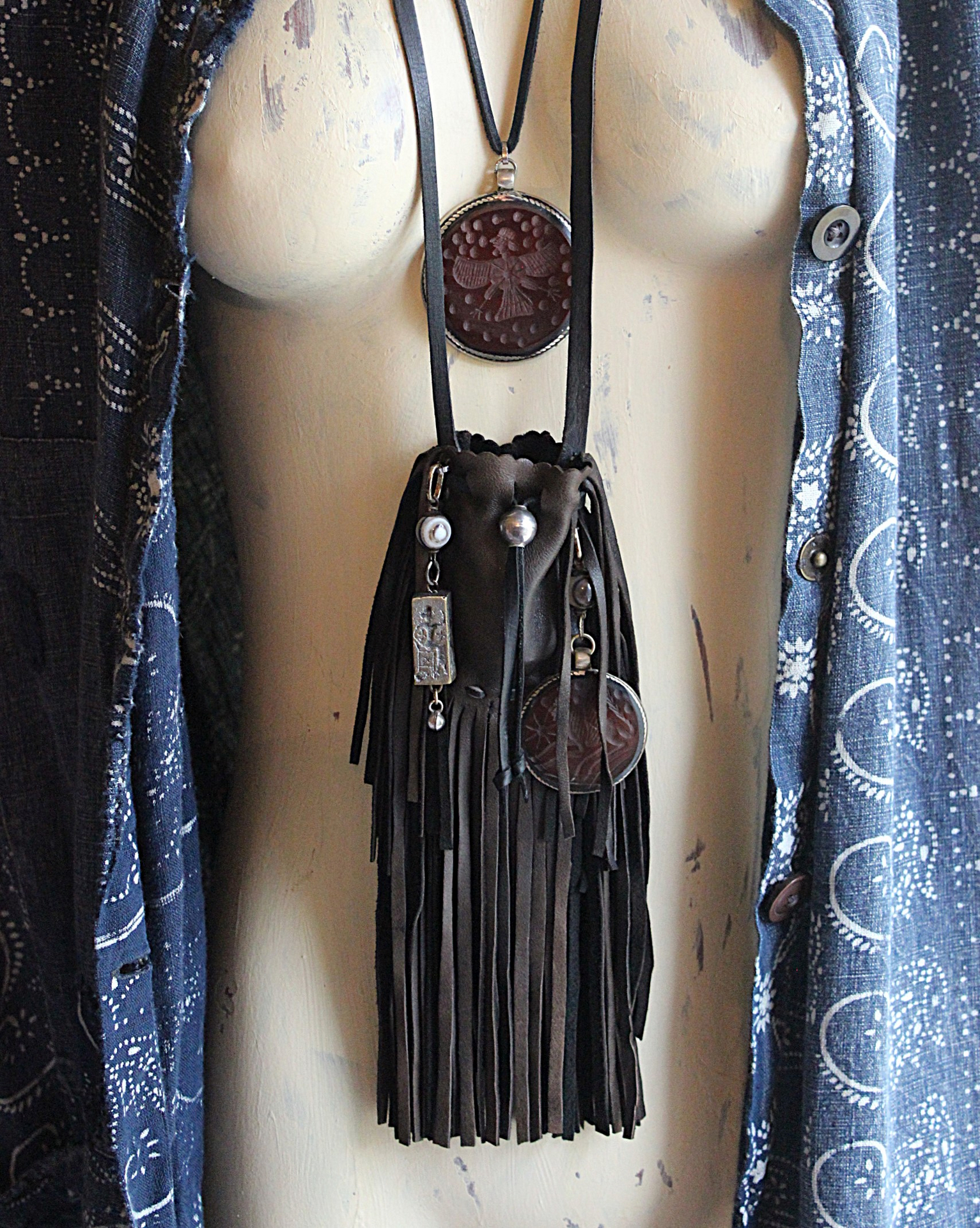Ancient Zoroastrian Pendants and Stamping Bead Amulets Necklace Set with Antique Agate Connectors,Sterling Bead,Leather Fringe Pouch & Ties