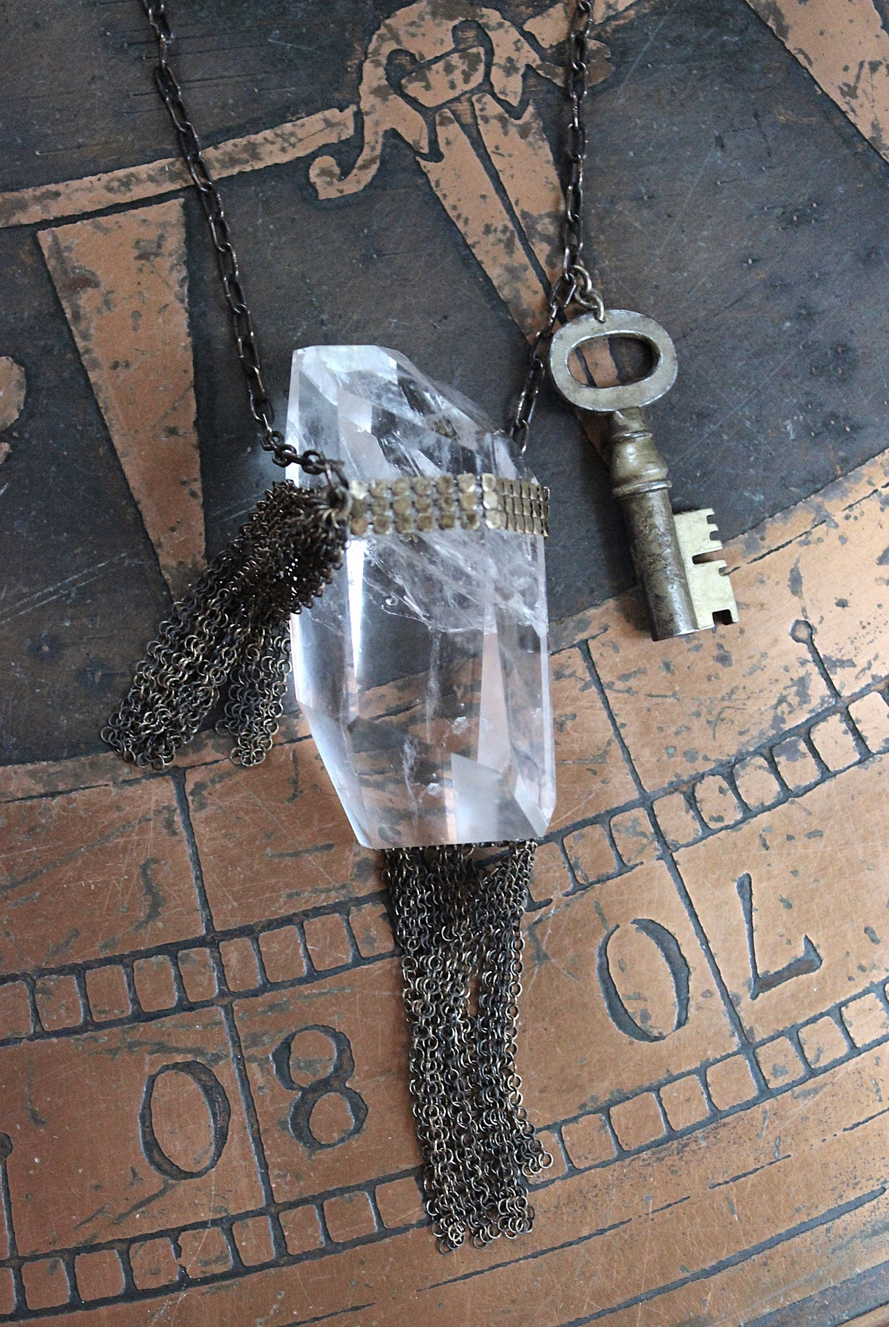 The Key Necklace with Unique Clear Quartz Pendant and Antique Padlock Key