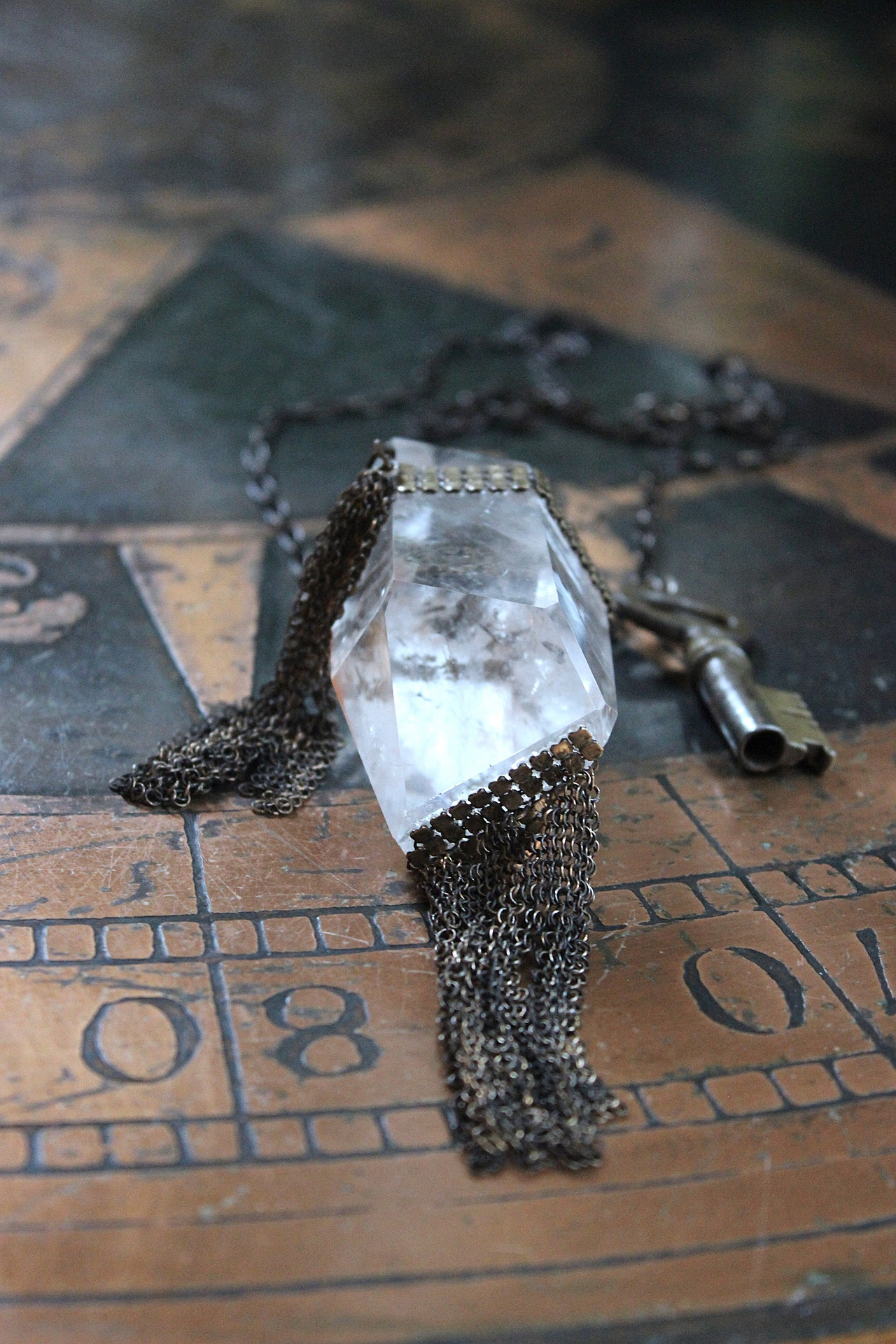 The Key Necklace with Unique Clear Quartz Pendant and Antique Padlock Key