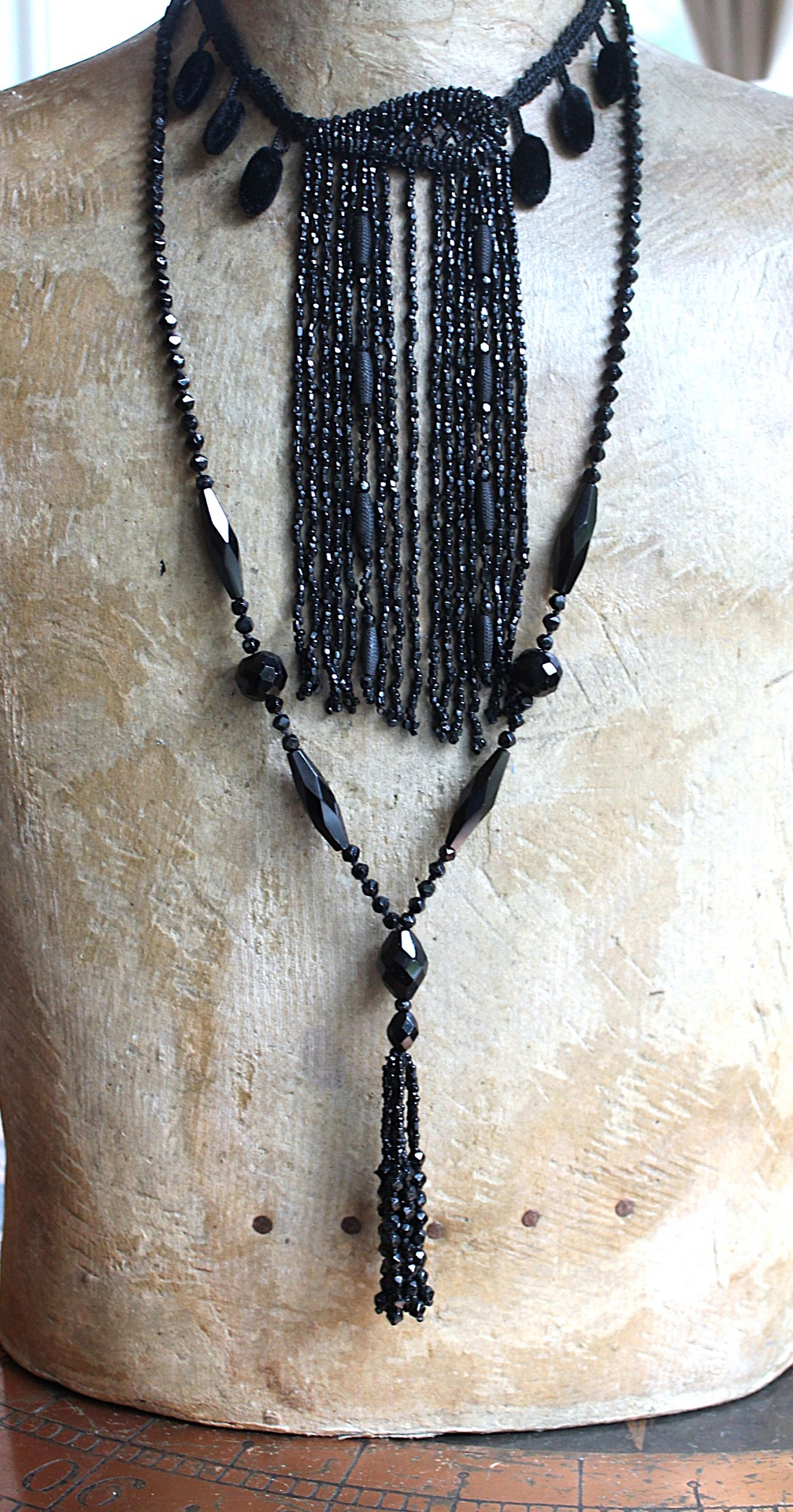 Antique French Jet Bead Necklace Set with Antique French Velvet Bobble Trim,Beaded Applique and Faceted Jet Bead Chain and Tassel