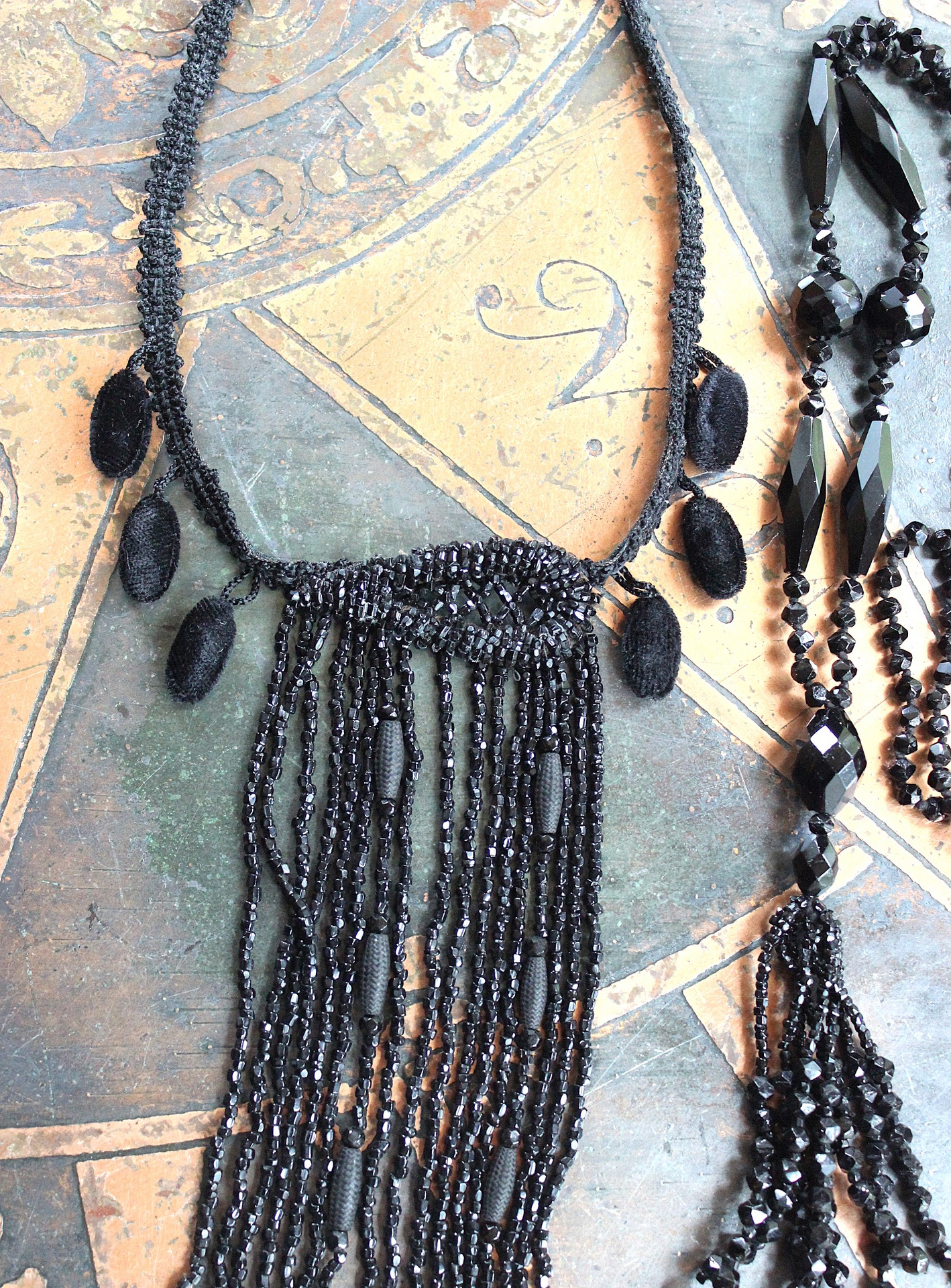 Antique French Jet Bead Necklace Set with Antique French Velvet Bobble Trim,Beaded Applique and Faceted Jet Bead Chain and Tassel