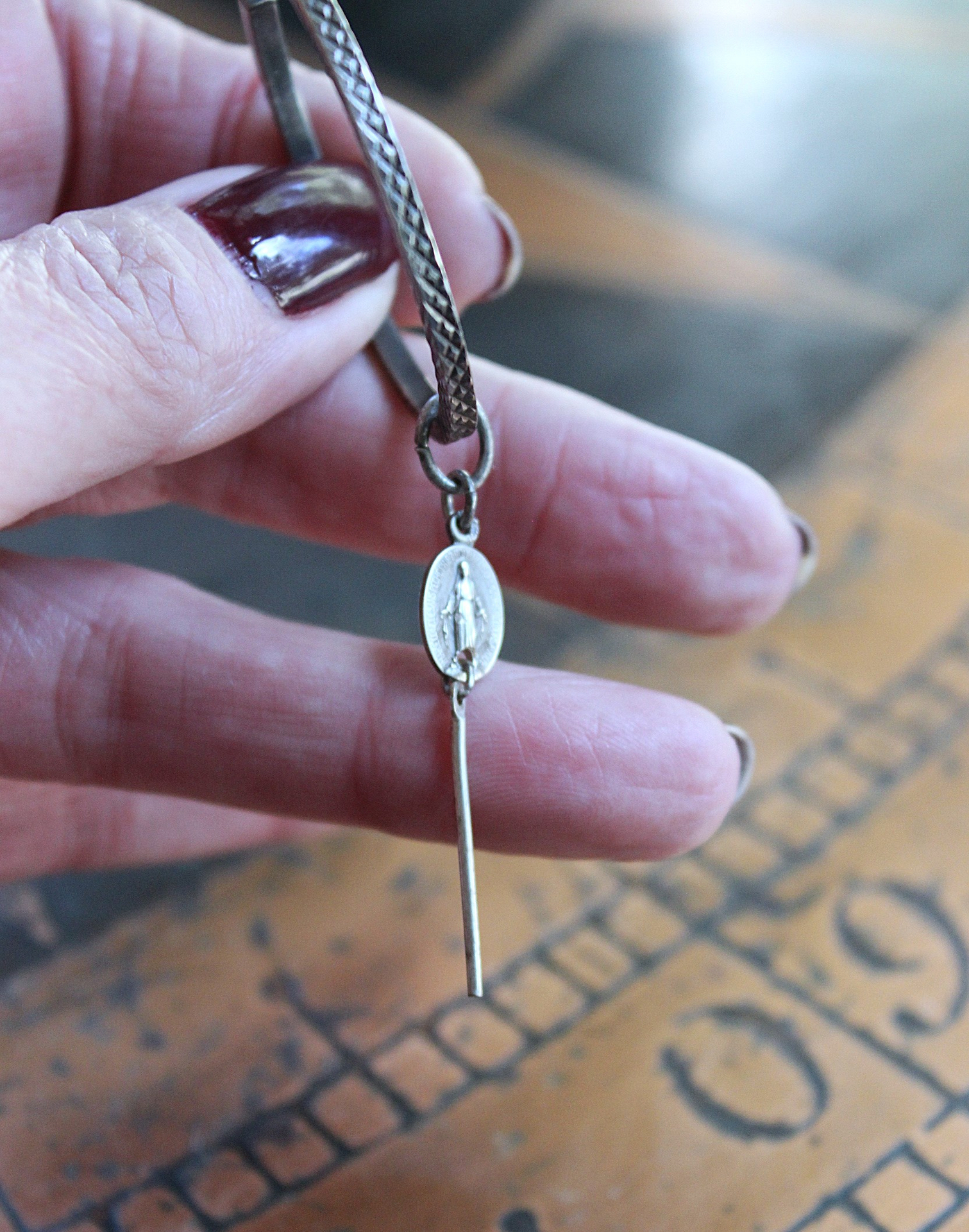 Unique Sterling 1 1/2 inch Hoop Earrings w/Engraved Hatch Design, Removable Tiny Antique Marian Medals & Sterling Bar Link Drop