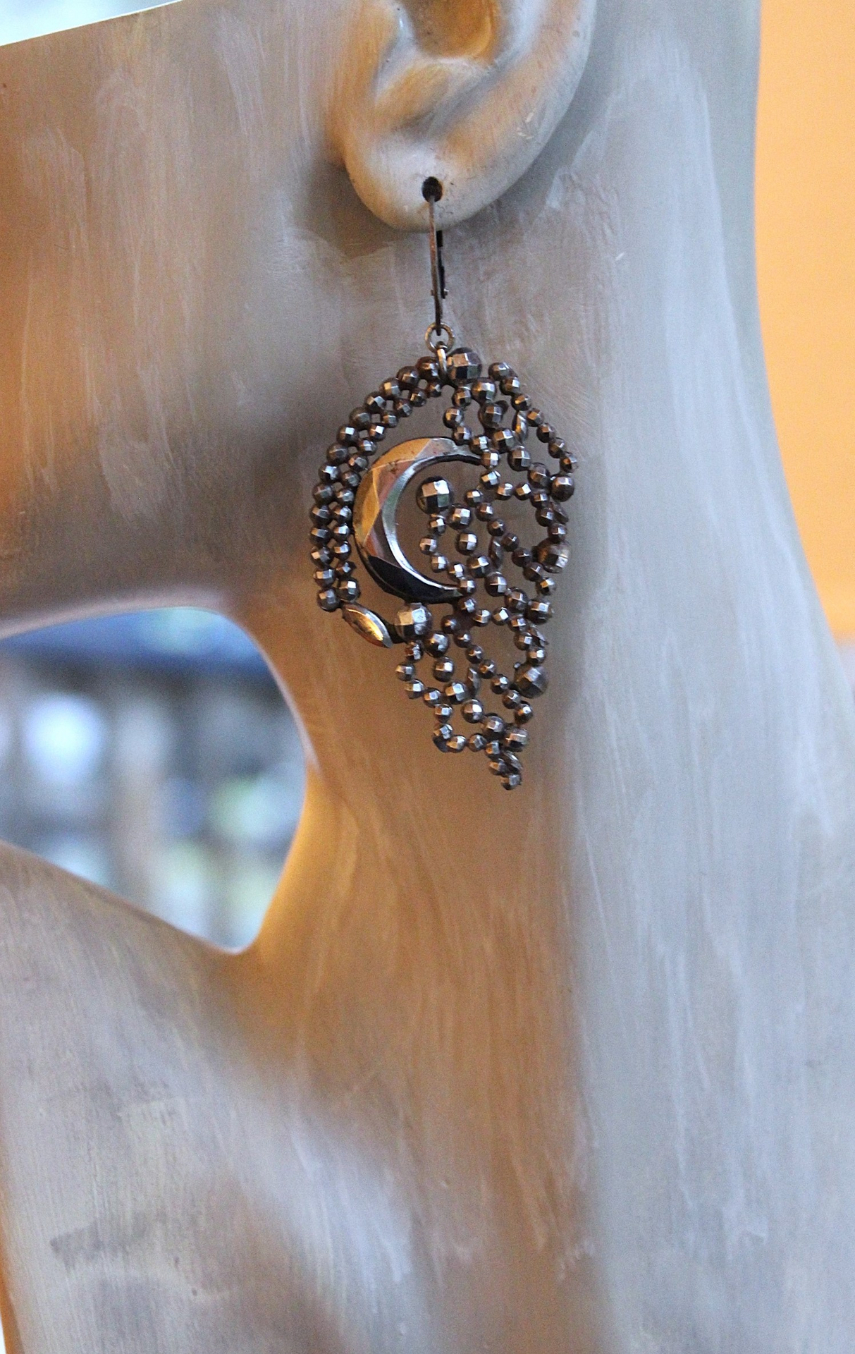 All my Stars Earrings with Rare Antique 19th Century Faceted Cut Steel Crescent Moon & Heart Findings, Sterling Euro Earring Wires