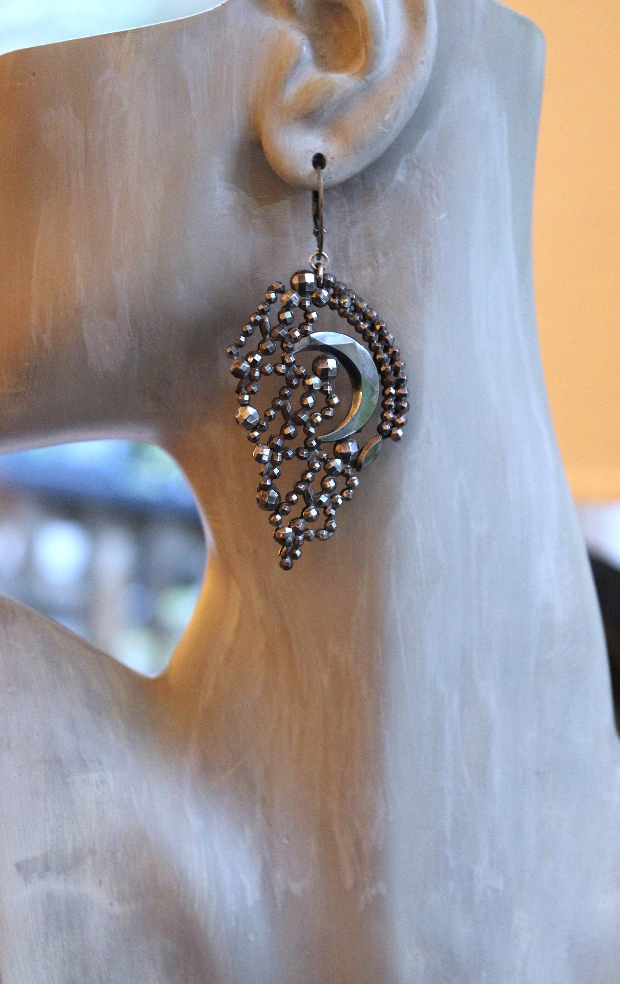 All my Stars Earrings with Rare Antique 19th Century Faceted Cut Steel Crescent Moon & Heart Findings, Sterling Euro Earring Wires