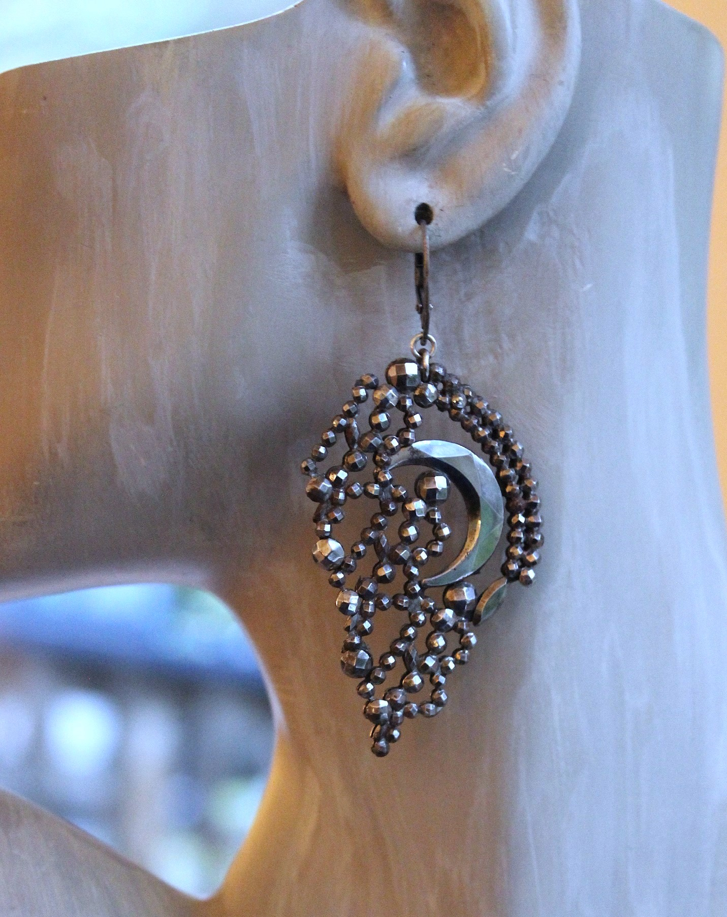 All my Stars Earrings with Rare Antique 19th Century Faceted Cut Steel Crescent Moon & Heart Findings, Sterling Euro Earring Wires