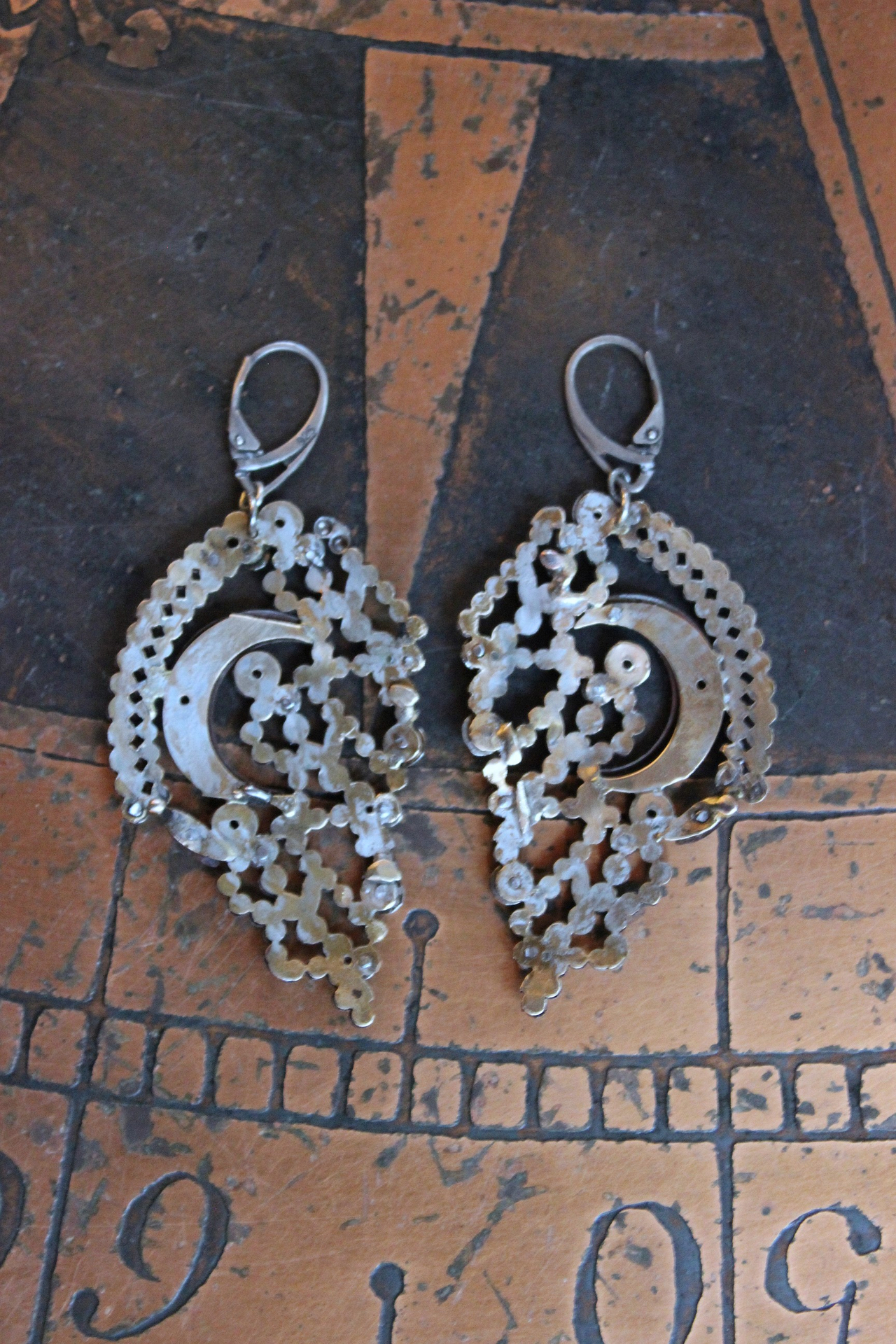 All my Stars Earrings with Rare Antique 19th Century Faceted Cut Steel Crescent Moon & Heart Findings, Sterling Euro Earring Wires