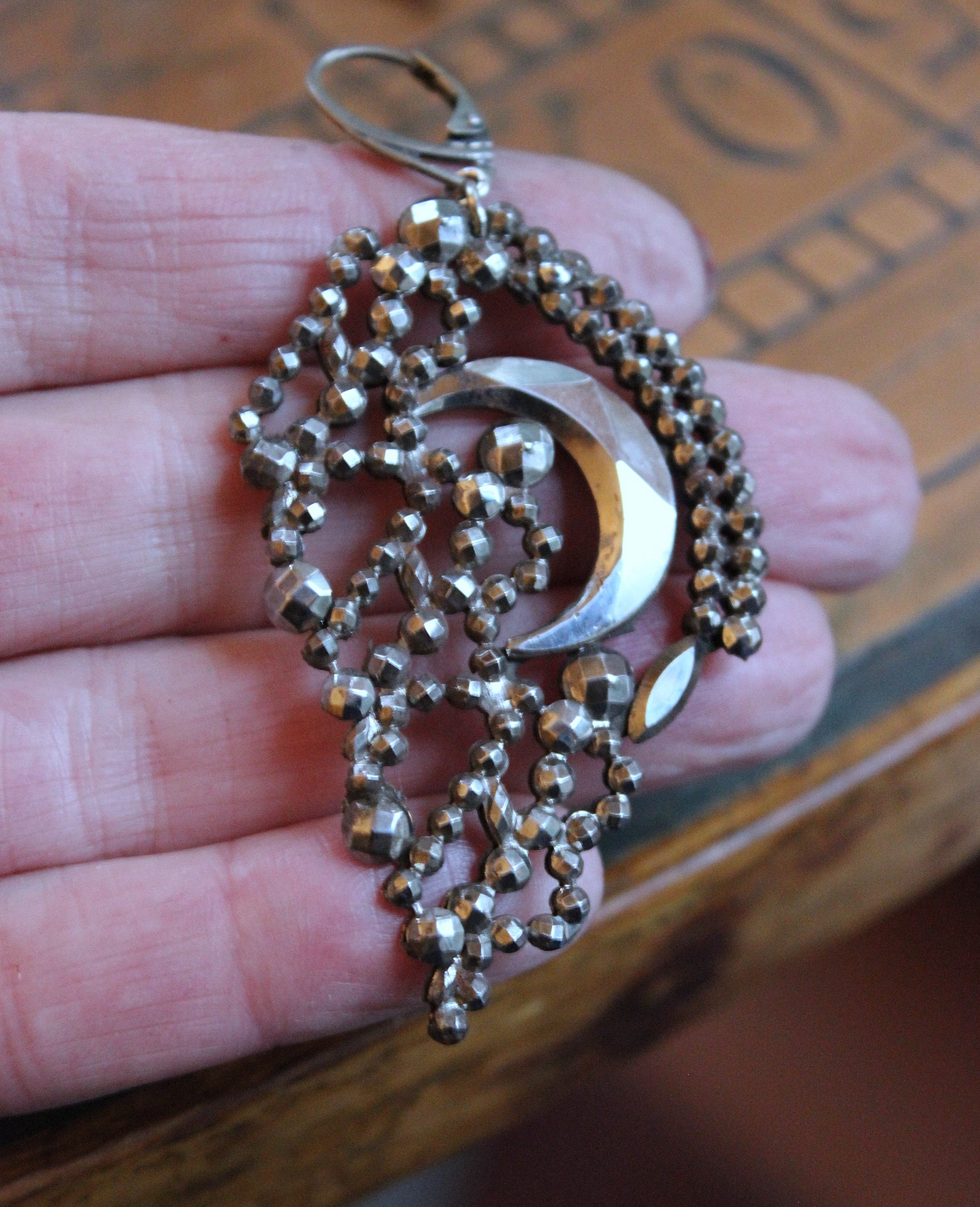 All my Stars Earrings with Rare Antique 19th Century Faceted Cut Steel Crescent Moon & Heart Findings, Sterling Euro Earring Wires