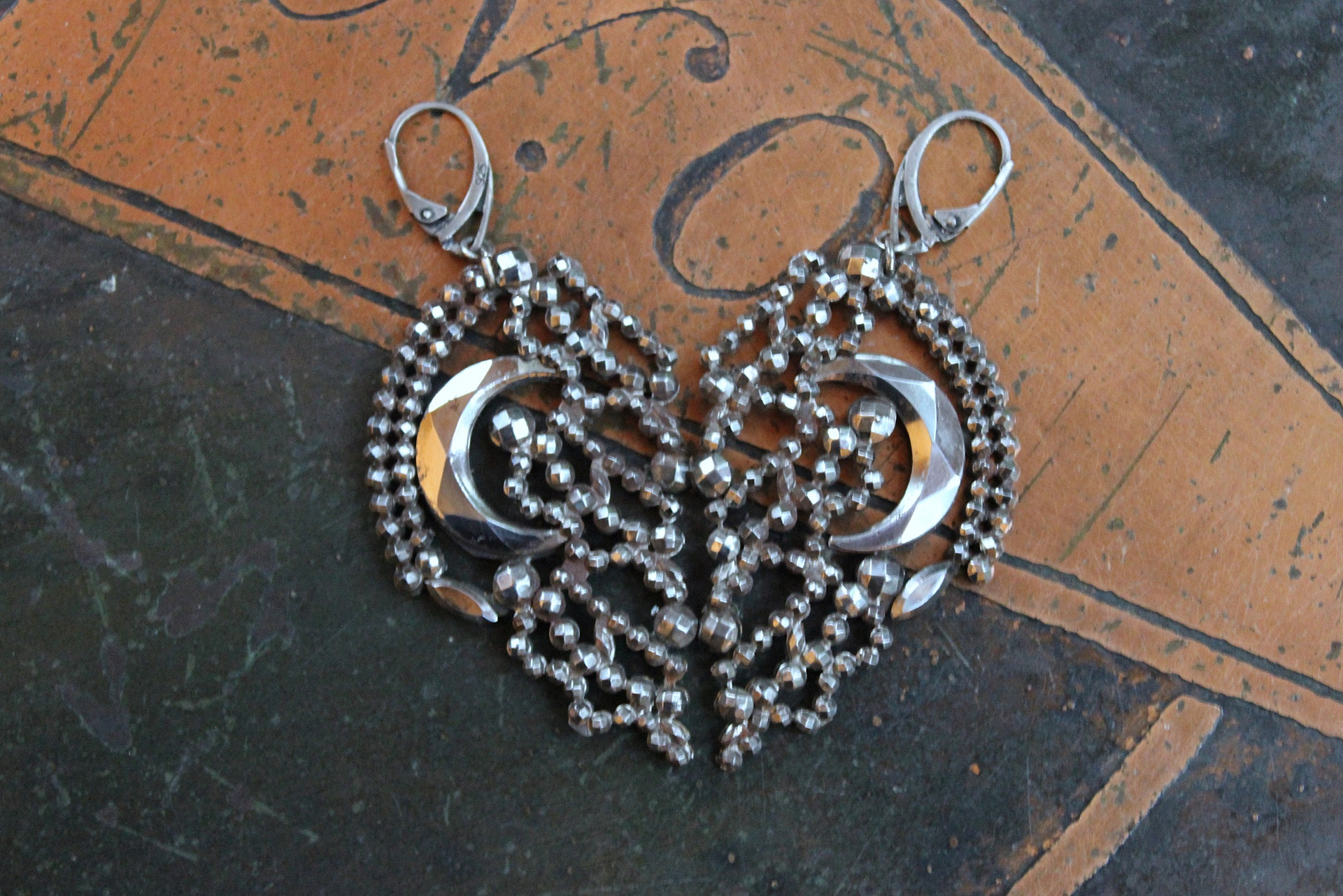 All my Stars Earrings with Rare Antique 19th Century Faceted Cut Steel Crescent Moon & Heart Findings, Sterling Euro Earring Wires