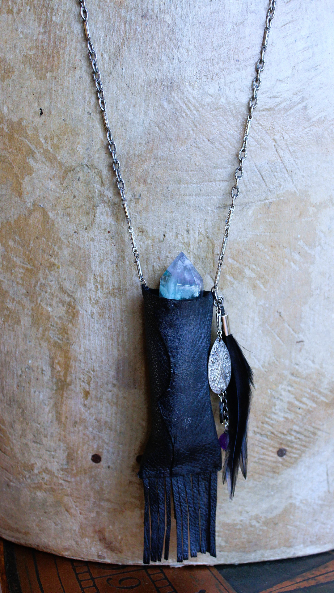 NEW! The Clearing Necklace with Double Terminated Fluorite Wand,Butter Soft Black Leather Pouch,Amethyst Bead and Back Raven Feather