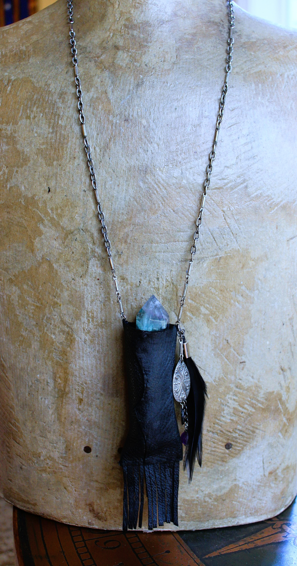 NEW! The Clearing Necklace with Double Terminated Fluorite Wand,Butter Soft Black Leather Pouch,Amethyst Bead and Back Raven Feather
