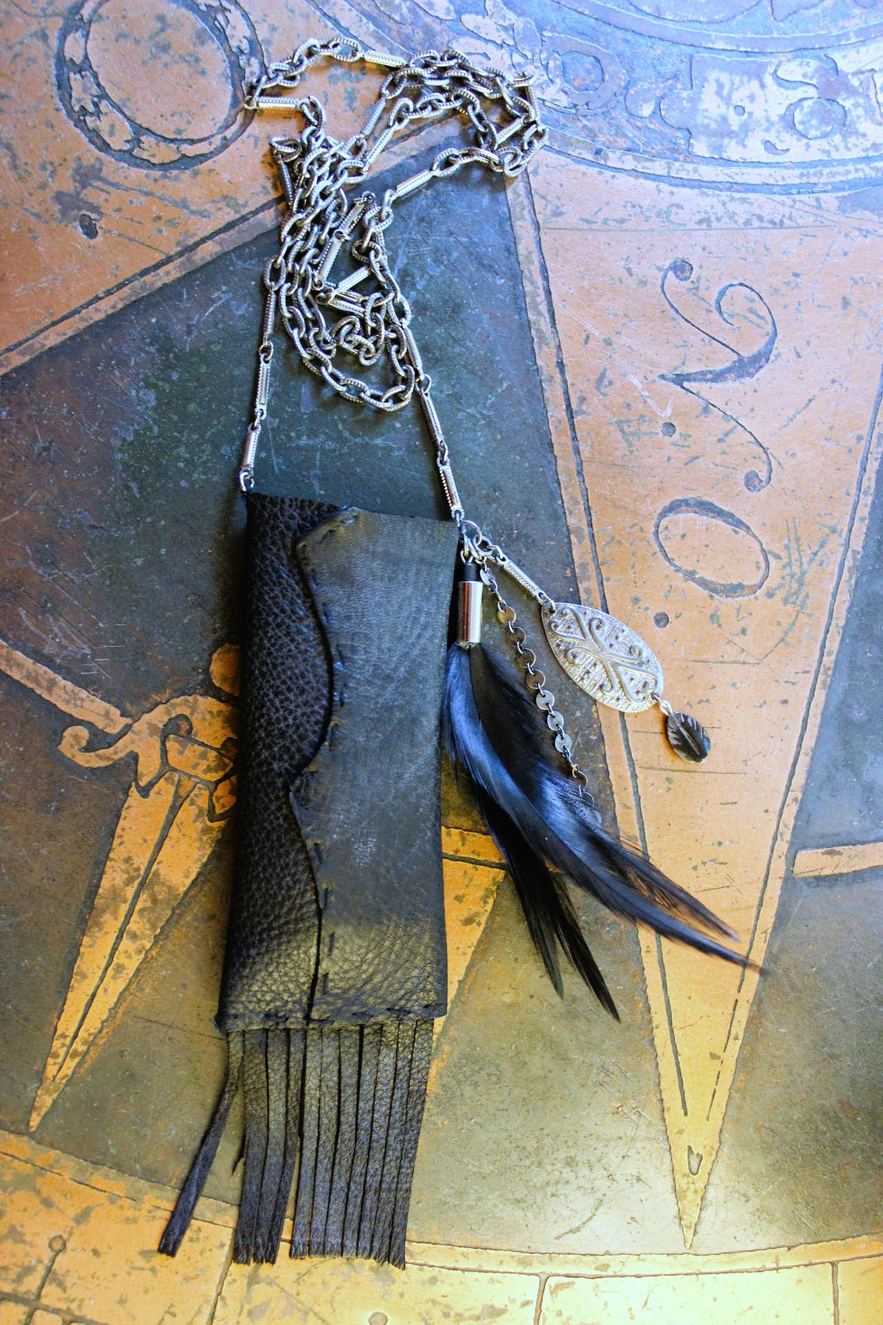 NEW! The Clearing Necklace with Double Terminated Fluorite Wand,Butter Soft Black Leather Pouch,Amethyst Bead and Back Raven Feather