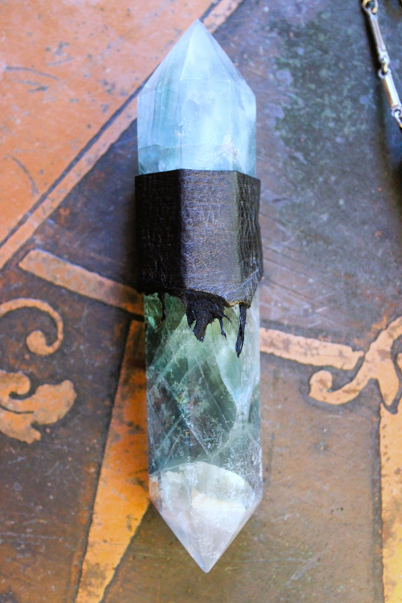NEW! The Clearing Necklace with Double Terminated Fluorite Wand,Butter Soft Black Leather Pouch,Amethyst Bead and Back Raven Feather