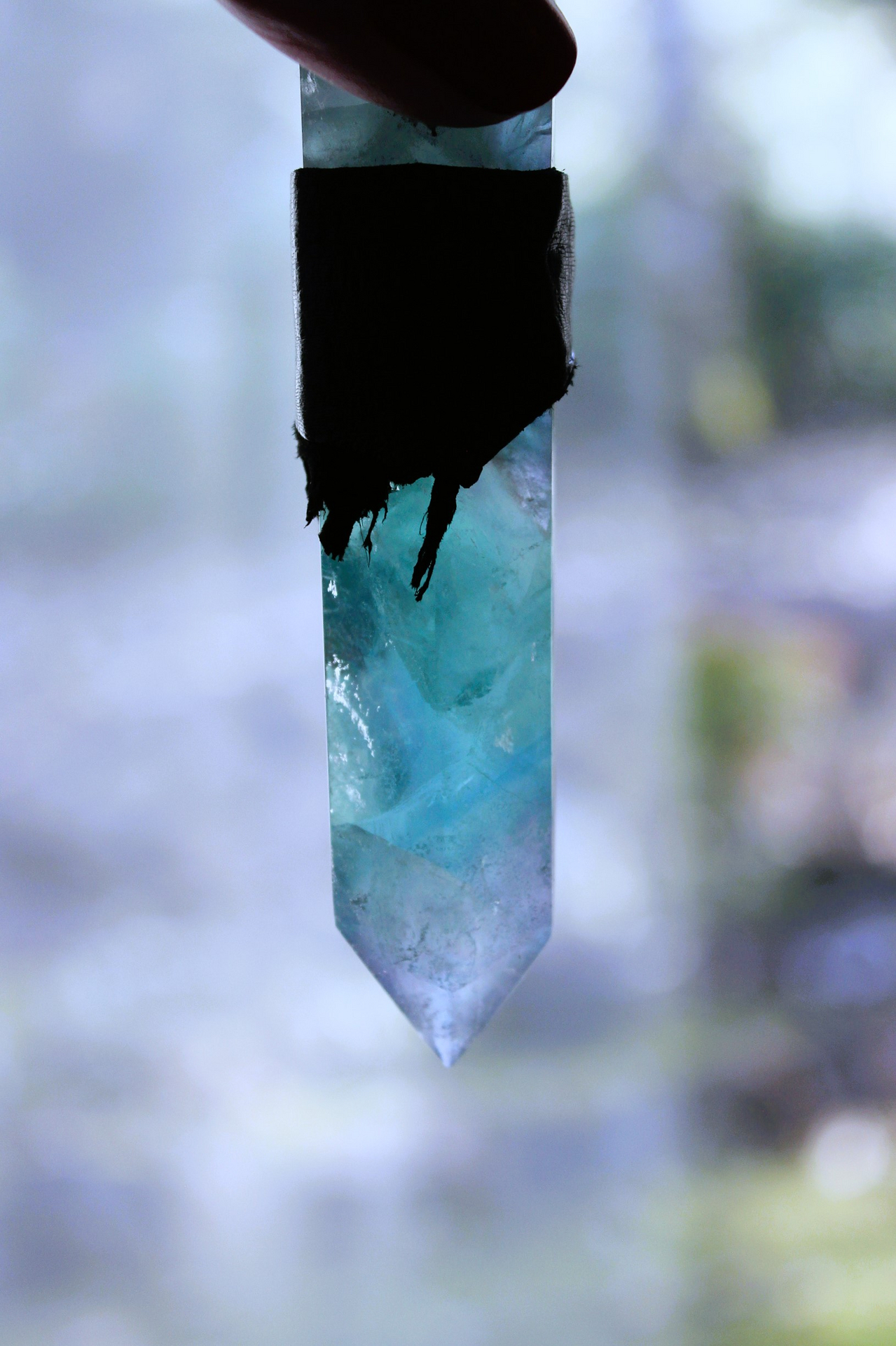 NEW! The Clearing Necklace with Double Terminated Fluorite Wand,Butter Soft Black Leather Pouch,Amethyst Bead and Back Raven Feather
