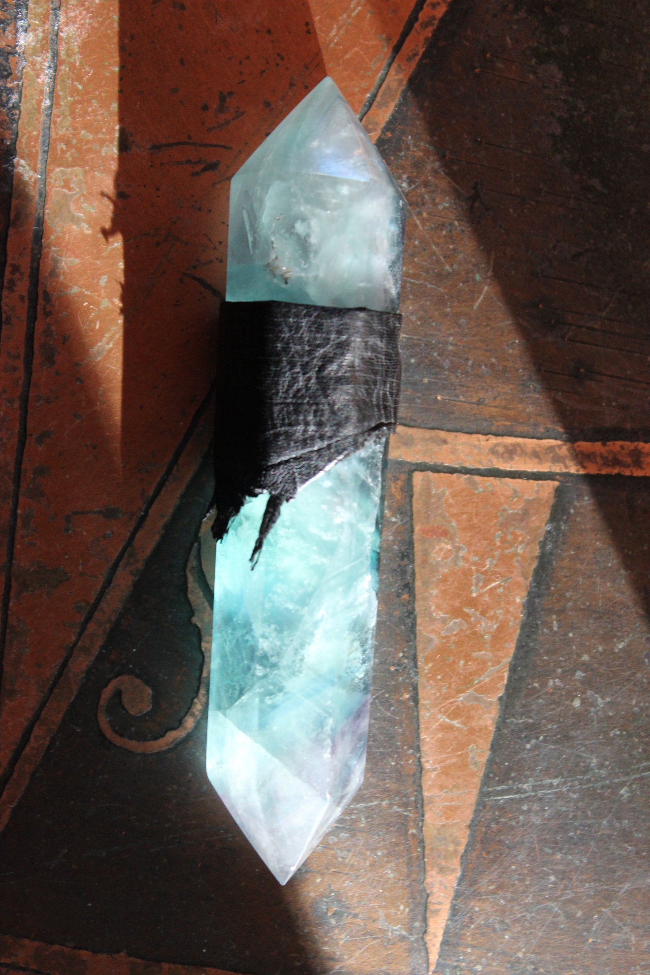NEW! The Clearing Necklace with Double Terminated Fluorite Wand,Butter Soft Black Leather Pouch,Amethyst Bead and Back Raven Feather