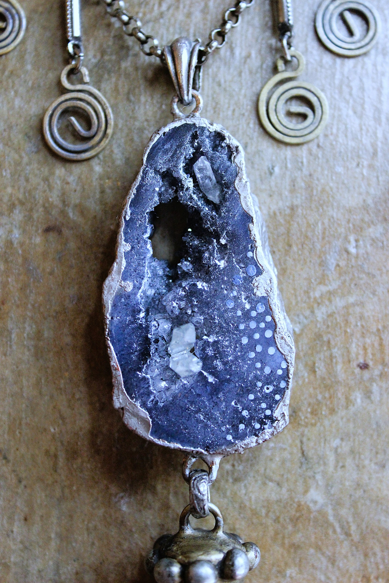 NEW! Cosmic Glory Necklace with Unique Black Druzy Slice & Clear Rock Quartz Point Pendants, Vintage Spiral Dangles, Rolo Link Chain