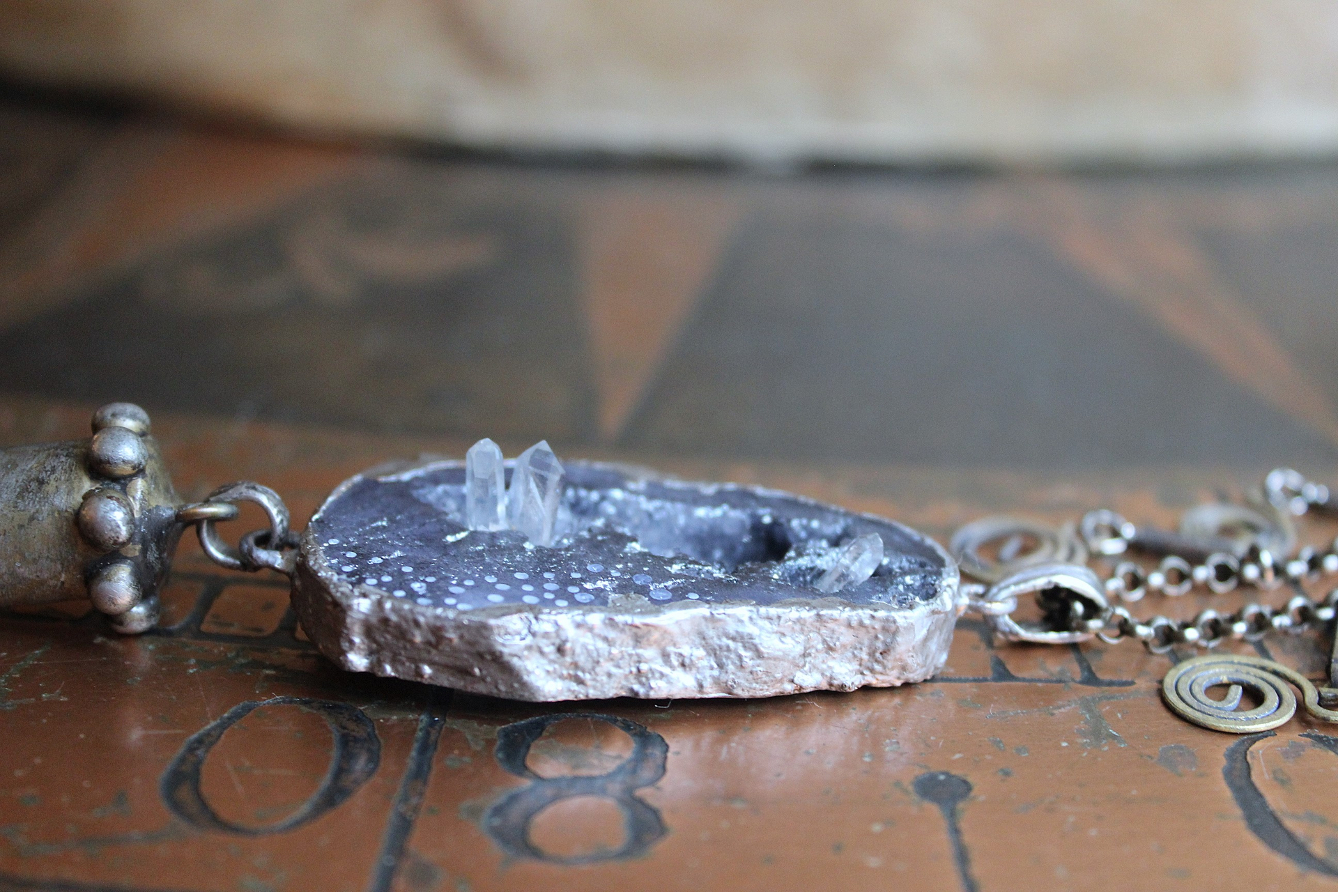 NEW! Cosmic Glory Necklace with Unique Black Druzy Slice & Clear Rock Quartz Point Pendants, Vintage Spiral Dangles, Rolo Link Chain