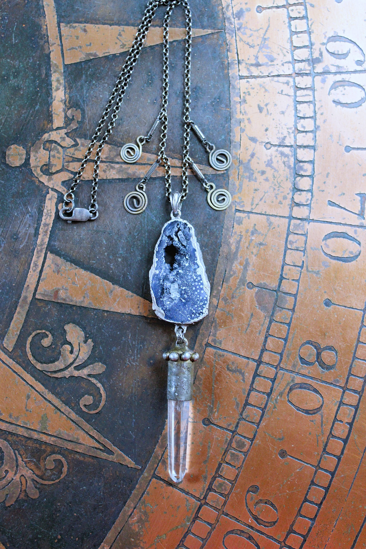 NEW! Cosmic Glory Necklace with Unique Black Druzy Slice & Clear Rock Quartz Point Pendants, Vintage Spiral Dangles, Rolo Link Chain
