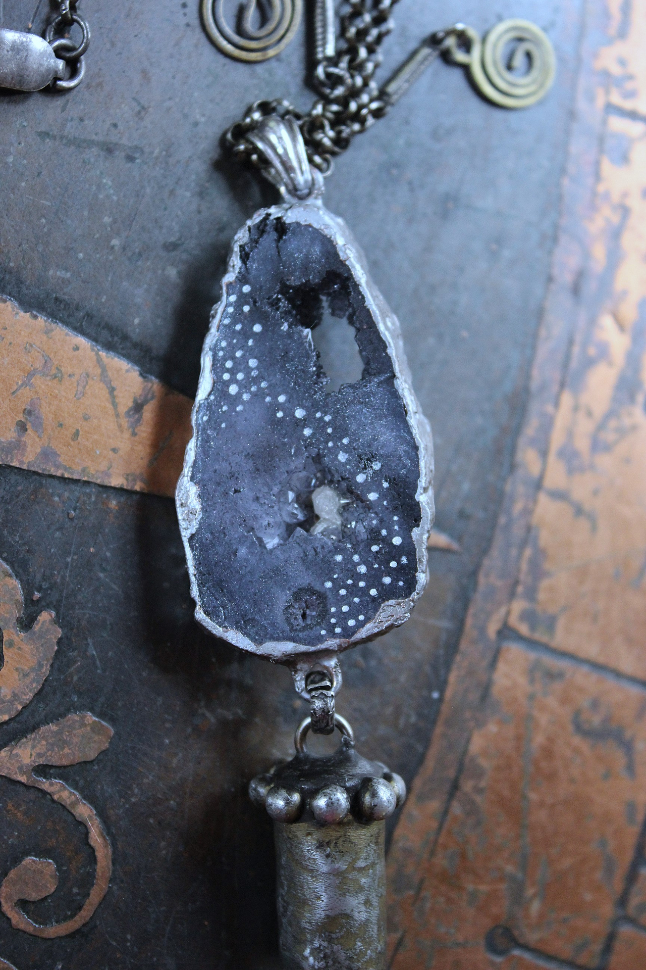 NEW! Cosmic Glory Necklace with Unique Black Druzy Slice & Clear Rock Quartz Point Pendants, Vintage Spiral Dangles, Rolo Link Chain