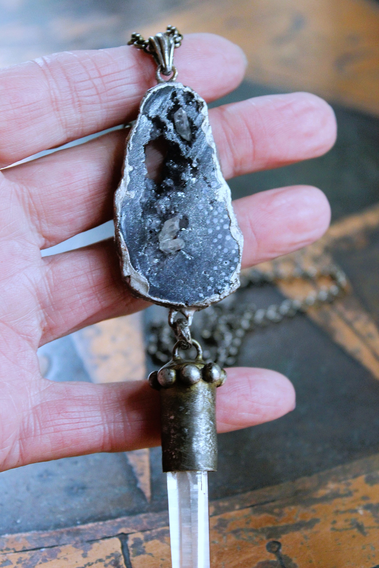 NEW! Cosmic Glory Necklace with Unique Black Druzy Slice & Clear Rock Quartz Point Pendants, Vintage Spiral Dangles, Rolo Link Chain