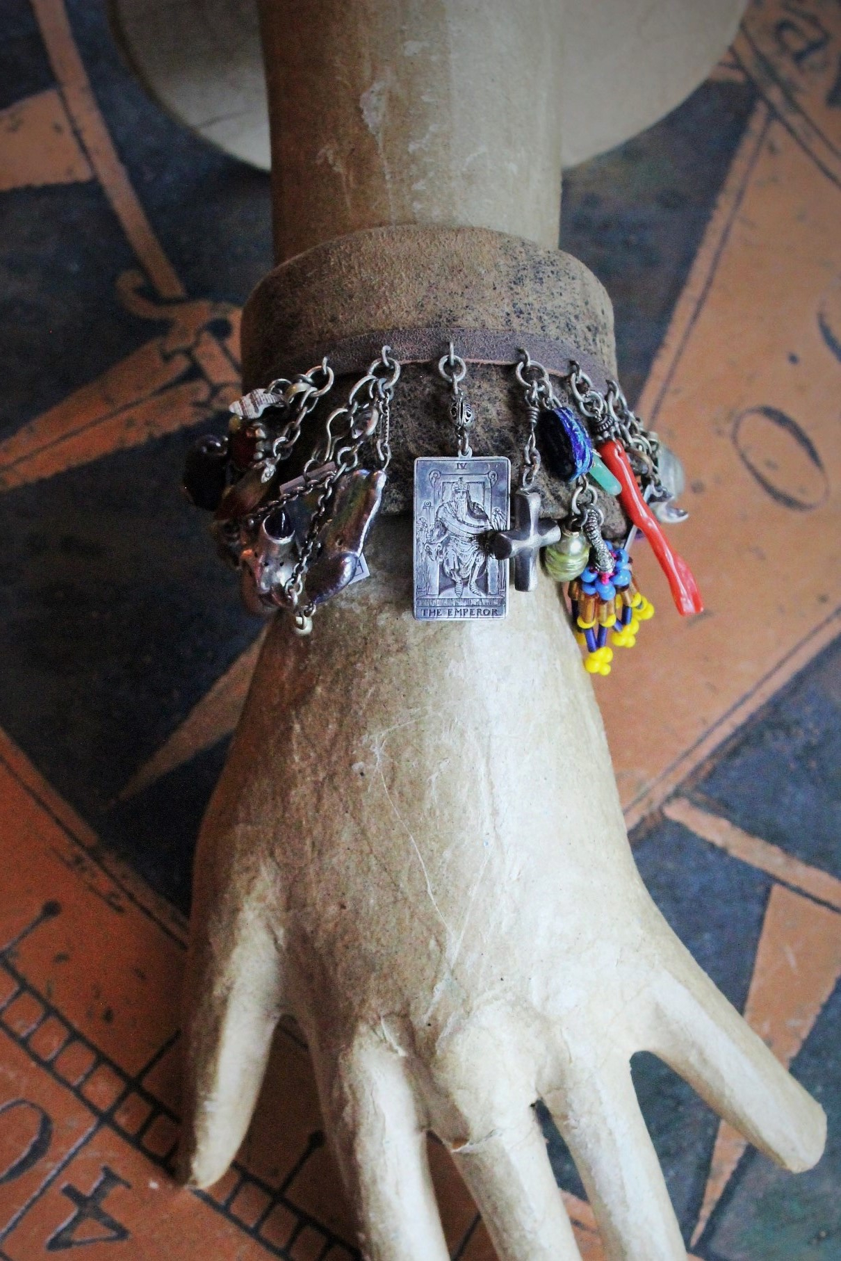 Distressed Leather Gypsy Charm Cuff Bracelet w/Sterling Tarot Medal,Mini Sterling Perfume/Oil Vessel,Antique Sterling Puffy Star & Crescent Moon Drops,Multiple