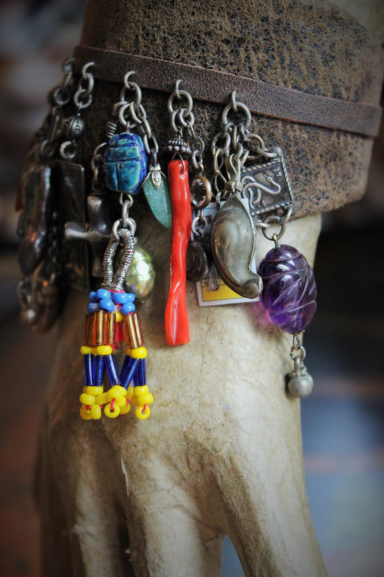 Distressed Leather Gypsy Charm Cuff Bracelet w/Sterling Tarot Medal,Mini Sterling Perfume/Oil Vessel,Antique Sterling Puffy Star & Crescent Moon Drops,Multiple