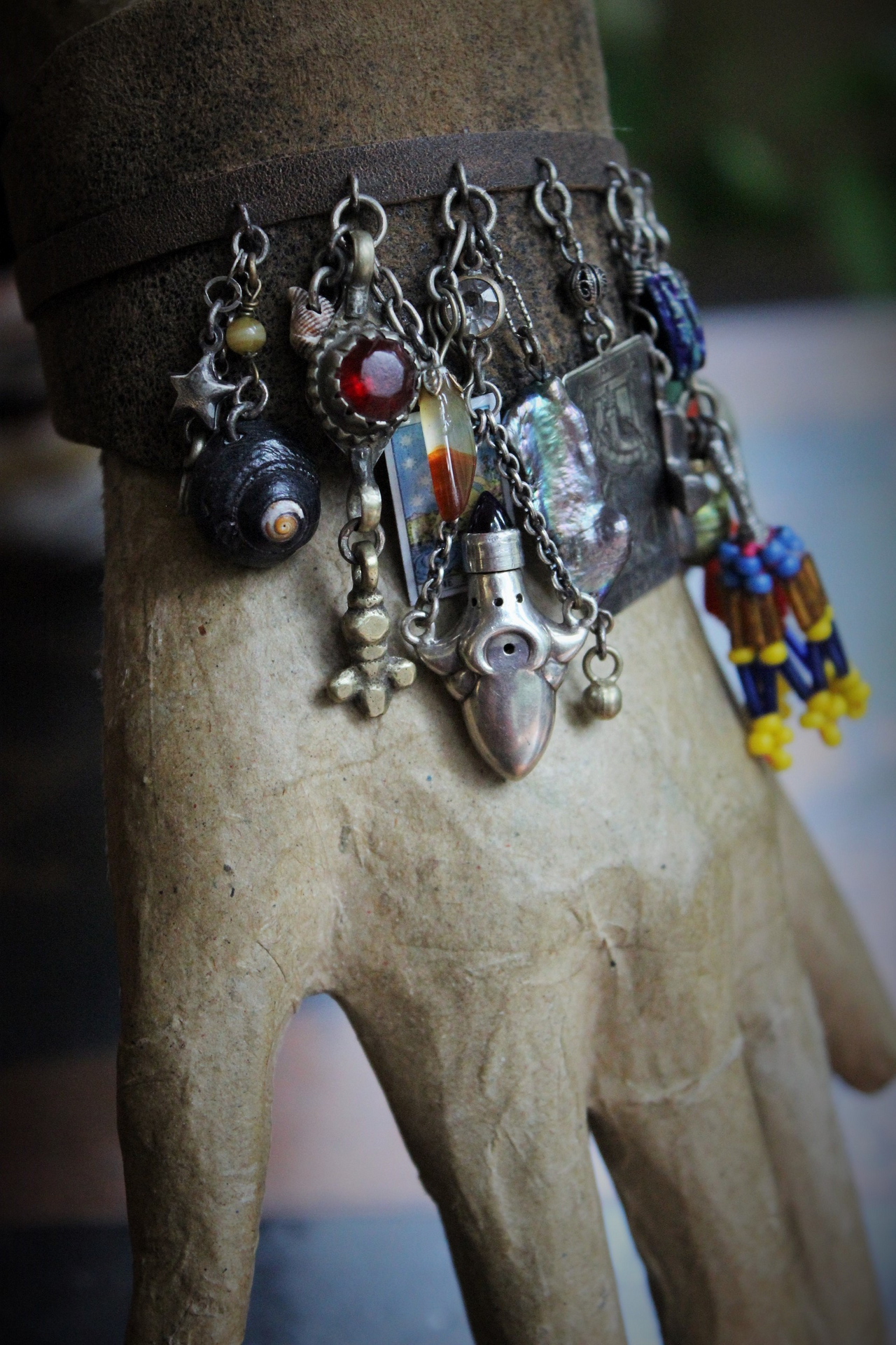 Distressed Leather Gypsy Charm Cuff Bracelet w/Sterling Tarot Medal,Mini Sterling Perfume/Oil Vessel,Antique Sterling Puffy Star & Crescent Moon Drops,Multiple