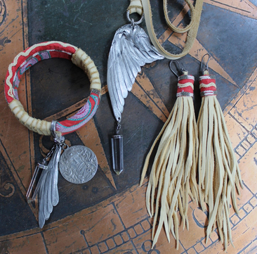This is to Love Necklace, Bracelet & Earring Set with Real Bird Wing Pendant,Sterling Quartz Point Drops & Antique Embroidered Textile Fragments