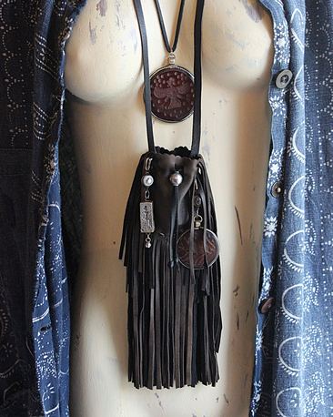 Ancient Zoroastrian Pendants and Stamping Bead Amulets Necklace Set with Antique Agate Connectors,Sterling Bead,Leather Fringe Pouch & Ties