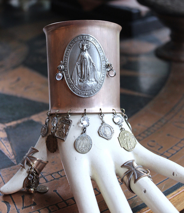 Italian Bronze & Silver Marian Cuff with Antique French Medals, Prong Set Crystals & Sterling Cross