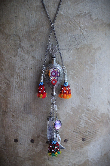 Moon & Stars Necklace w/Unique Antique Turkish Romani Gypsy Perfume Vessel,Sterling Moon Goddess,Sterling Capped Clear Quartz Point & More!
