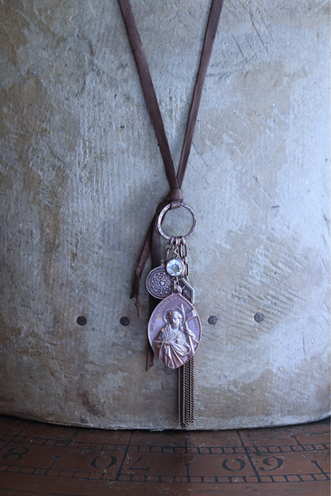 The Passion of Christ Necklace w/Exceptional & Rare Antique French Medals, Butter Soft Brown Leather Ties, Antique Faceted Crystal Connector & More!