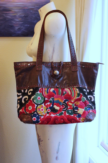 Vintage JP & Mattie Leather and Antique Applique Textile Bag 